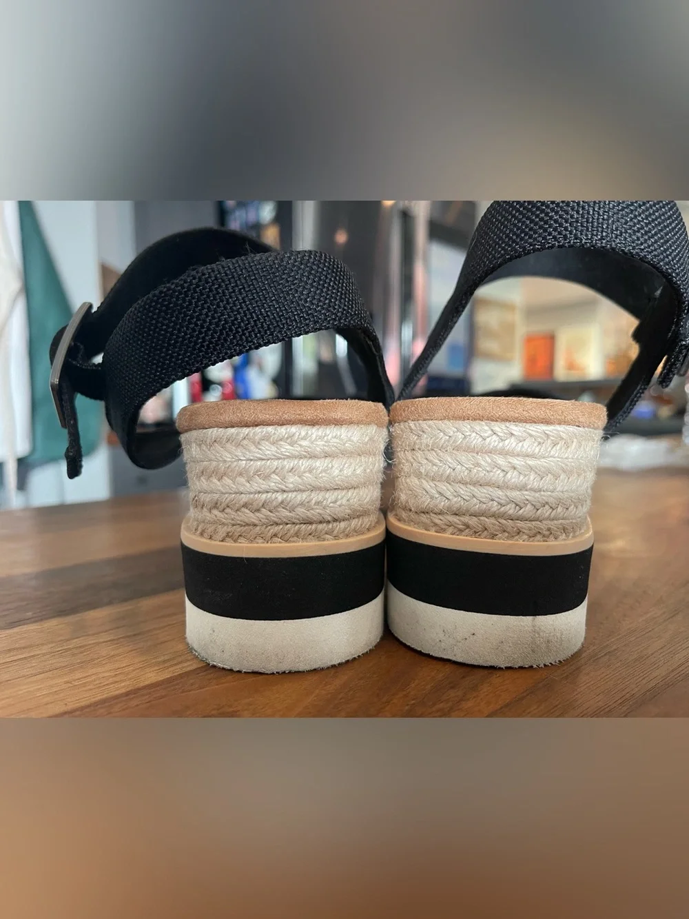 Toms Black Platform Sandals with Buckle Strap